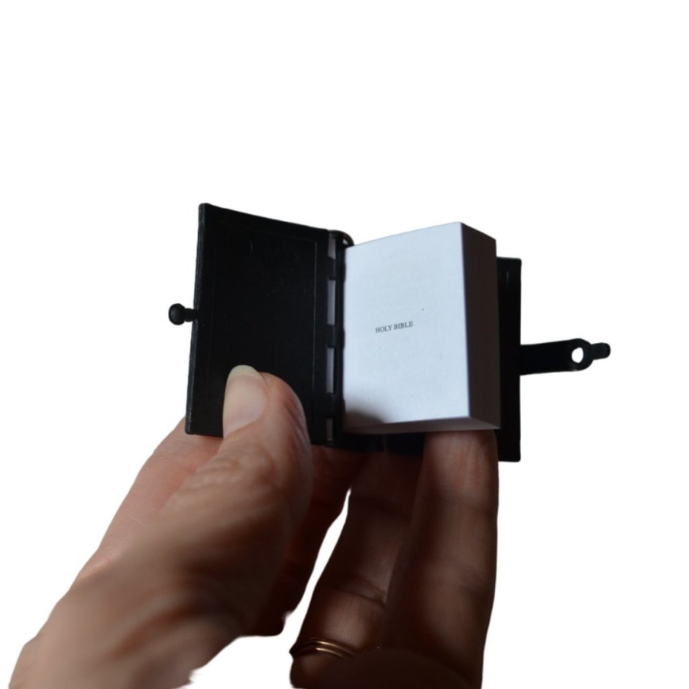 Key Chain Miniature Book Holy Bible with Text Readable Black 1.75'x1.25'x0.25'